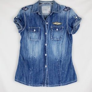 Seven7 | Denim Short Sleeve Button Up Top